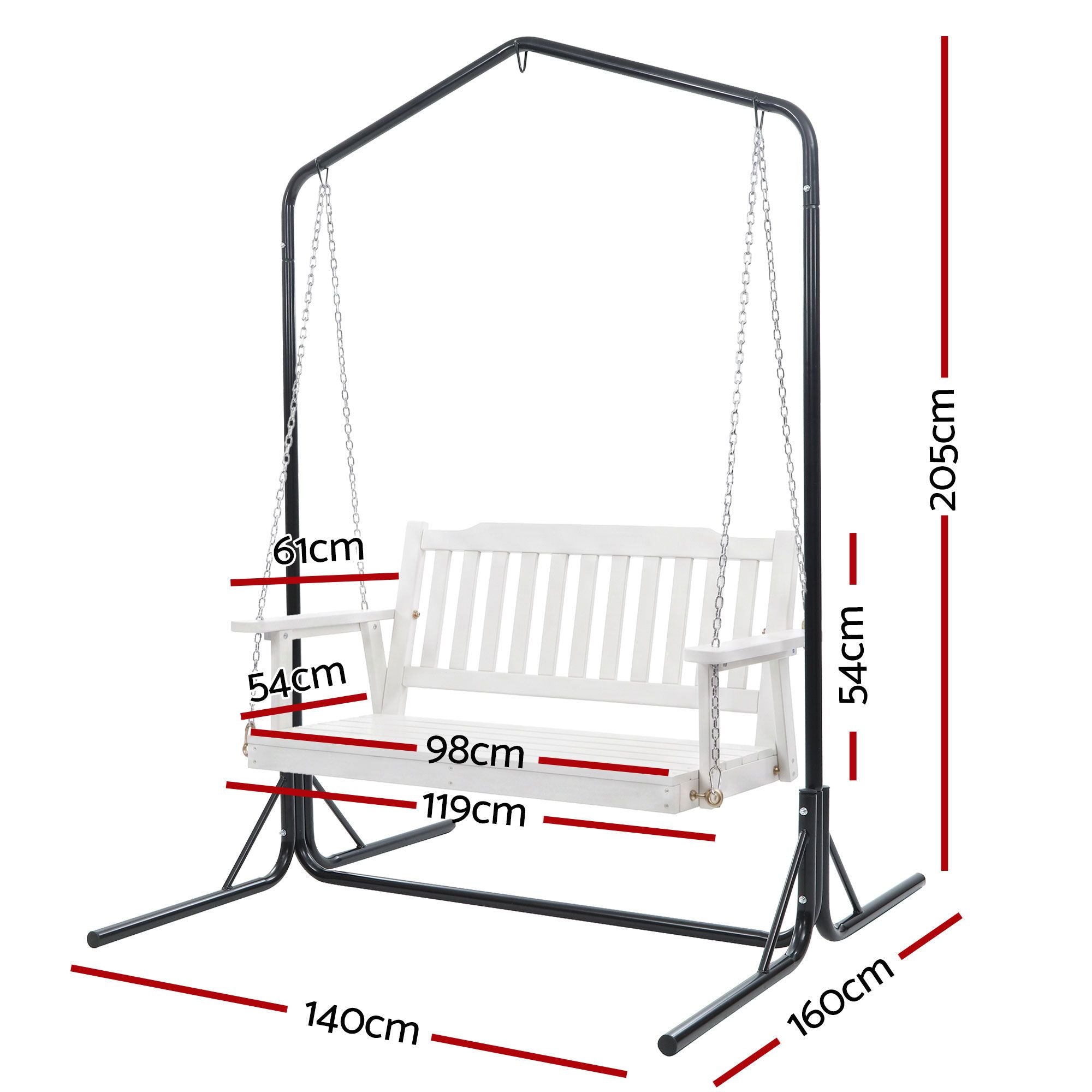 Gardeon Wooden 2-Seater Outdoor Swing Chair with Black Stand White Hanging Chair ODS-1956W-U-WH
