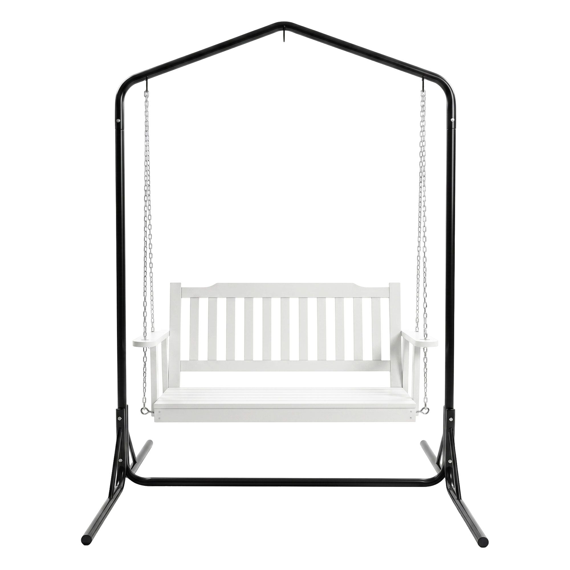 Gardeon Wooden 2-Seater Outdoor Swing Chair with Black Stand White Hanging Chair ODS-1956W-U-WH