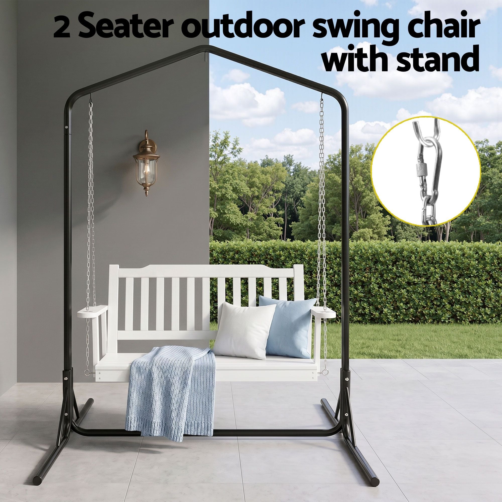 Gardeon Wooden 2-Seater Outdoor Swing Chair with Black Stand White Hanging Chair ODS-1956W-U-WH