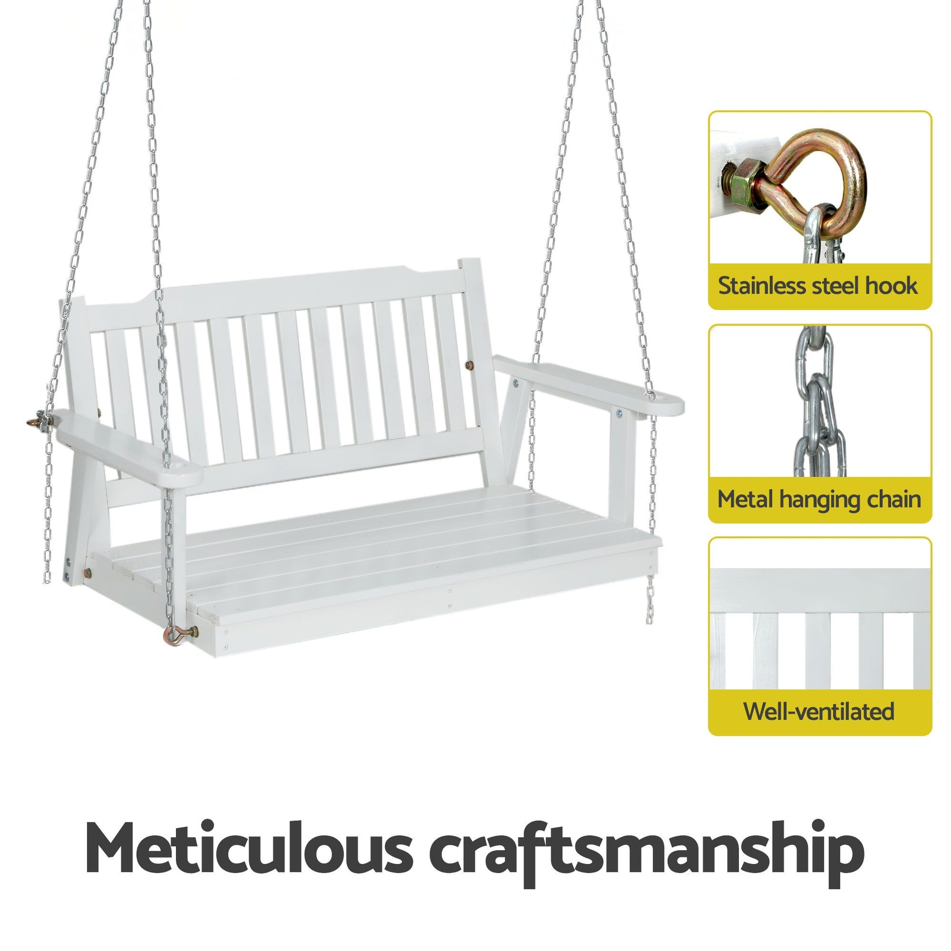 Gardeon Wooden 2-Seater Outdoor Swing Chair with Black Stand White Hanging Chair ODS-1956W-U-WH