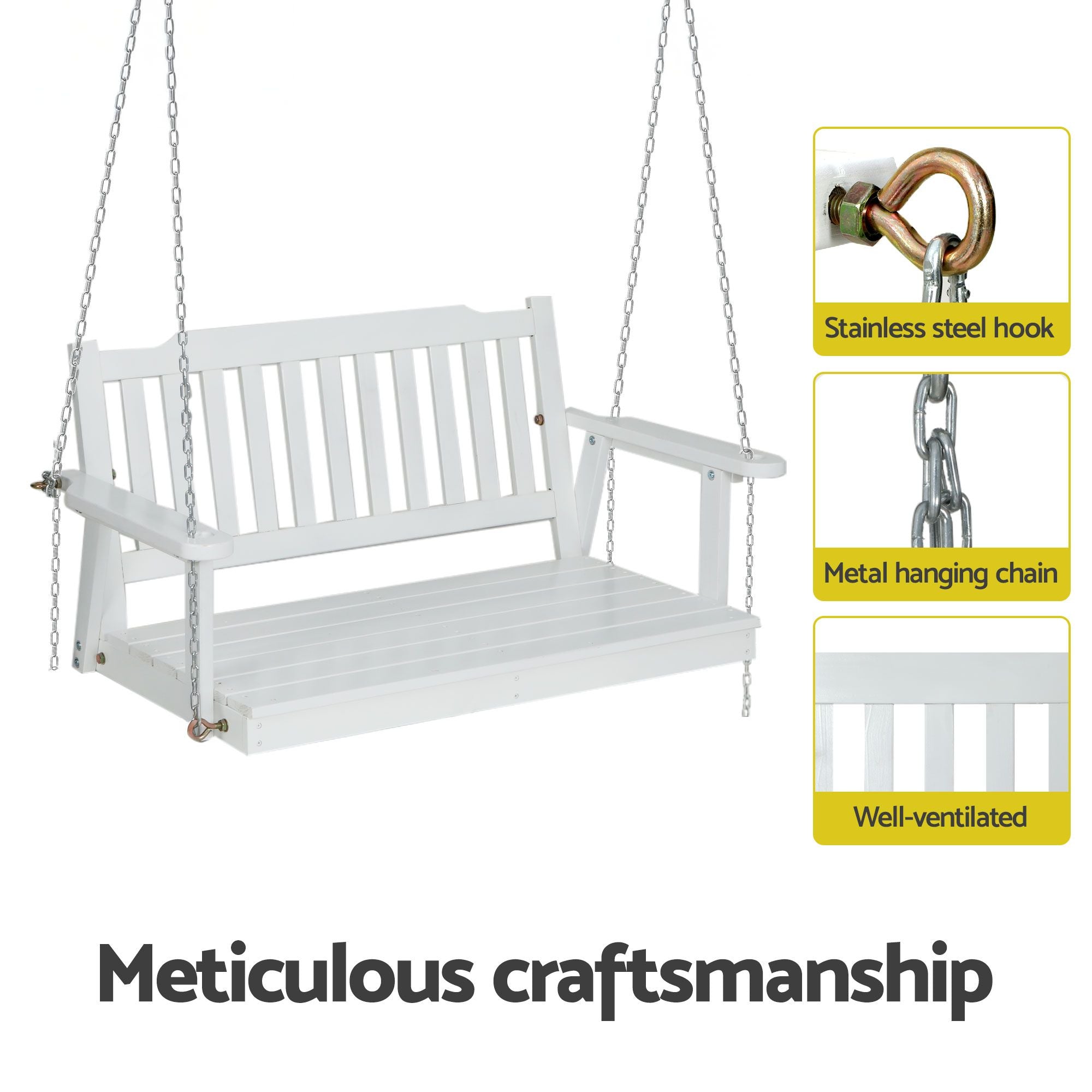 Gardeon Wooden 2-Seater Outdoor Swing Chair with Black Stand White Hanging Chair ODS-1956W-U-WH