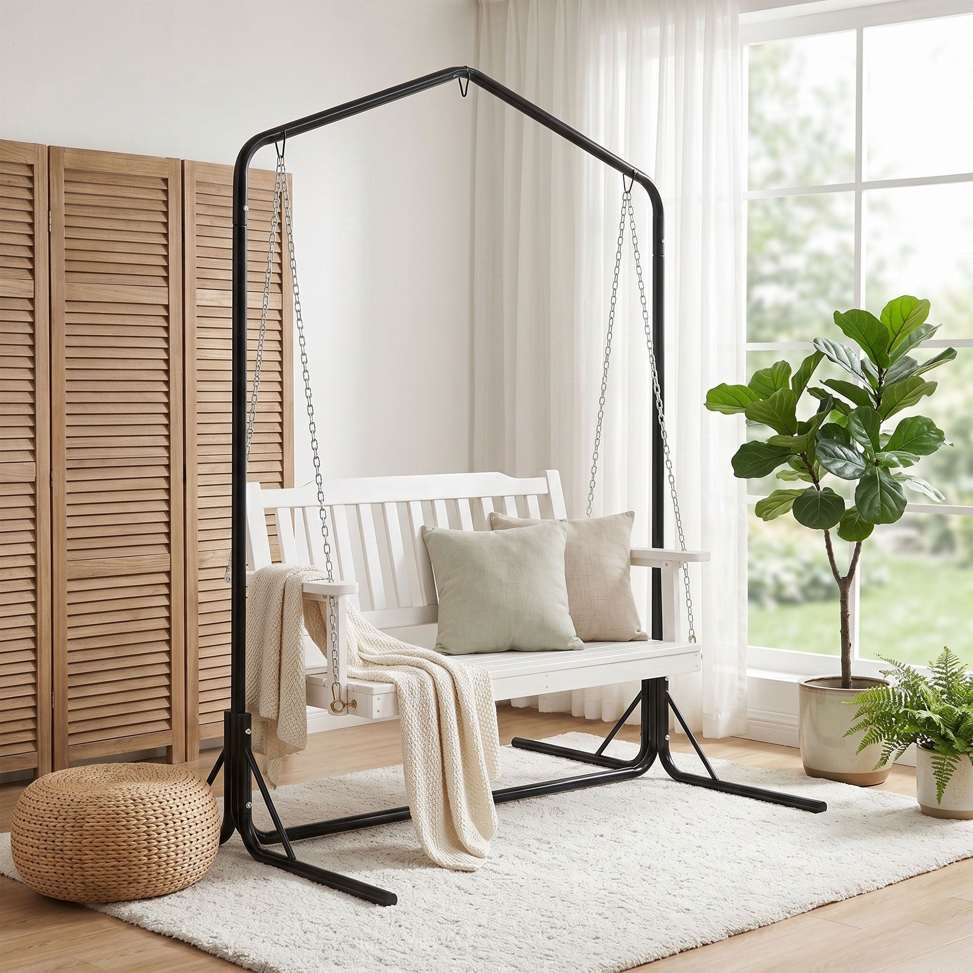 Gardeon Wooden 2-Seater Outdoor Swing Chair with Black Stand White Hanging Chair ODS-1956W-U-WH