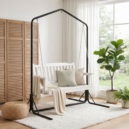 Gardeon Wooden 2-Seater Outdoor Swing Chair with Black Stand White Hanging Chair ODS-1956W-U-WH