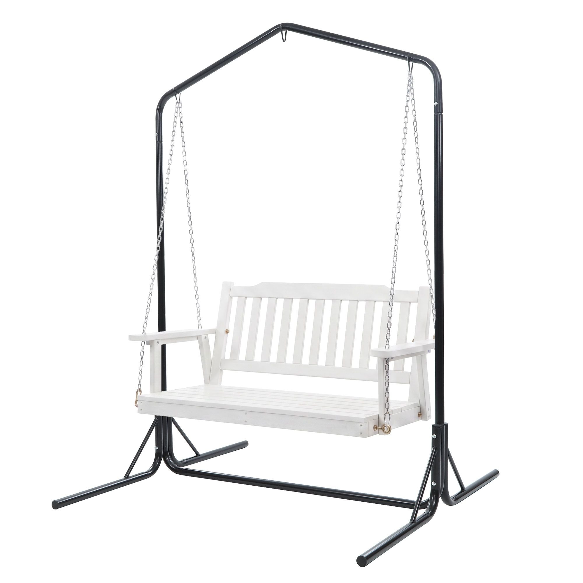 Gardeon Wooden 2-Seater Outdoor Swing Chair with Black Stand White Hanging Chair ODS-1956W-U-WH