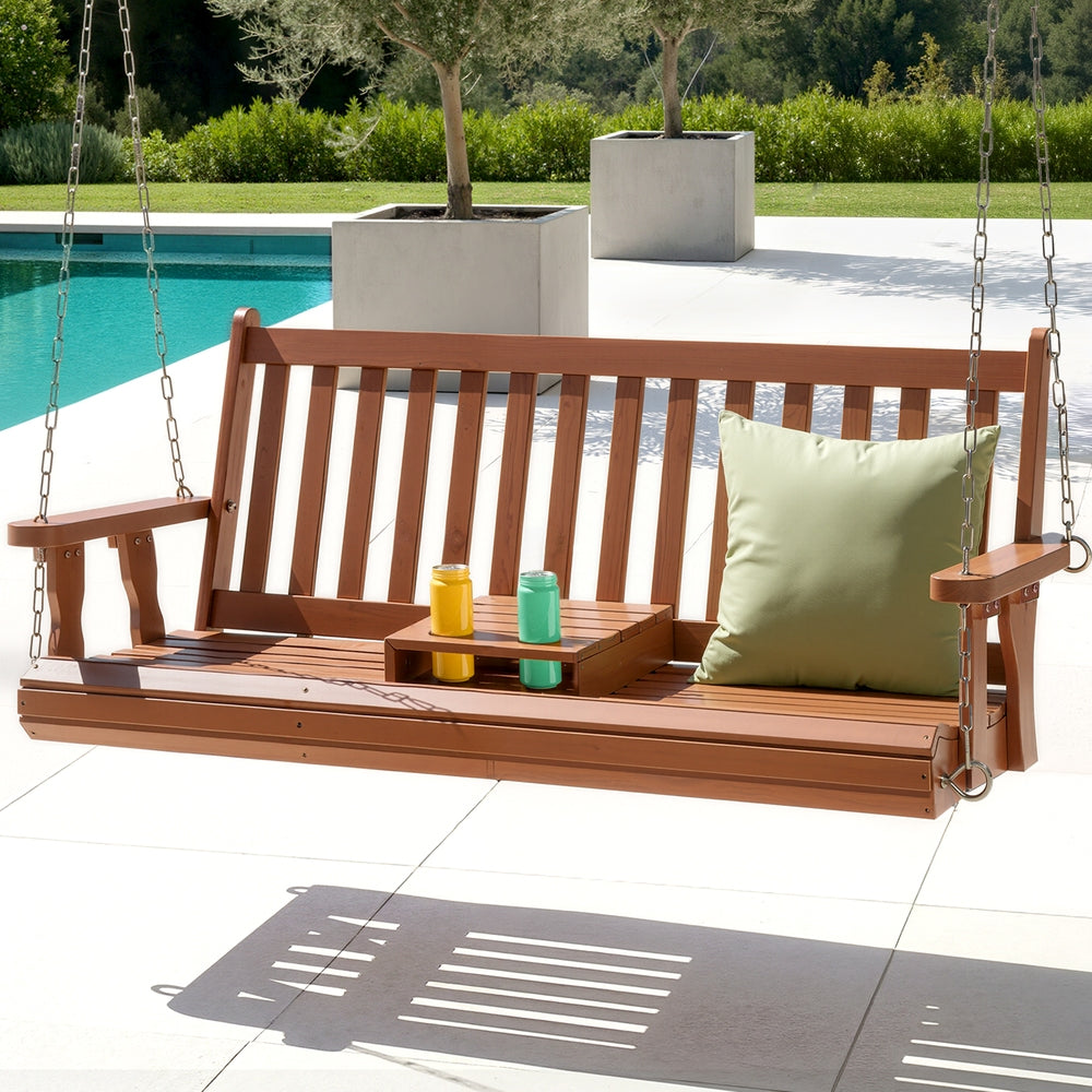 Gardeon Porch Outdoor Swing Chair Patio Furniture Wooden Bench 2 Seat Cup Holder ODS-W2S-CUP-TK