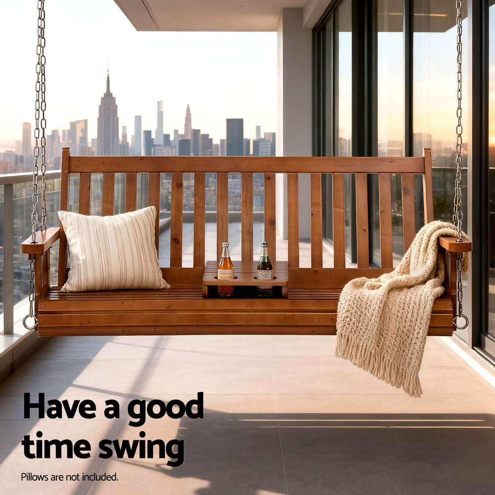 Gardeon Porch Outdoor Swing Chair Patio Furniture Wooden Bench 2 Seat Cup Holder ODS-W2S-CUP-TK