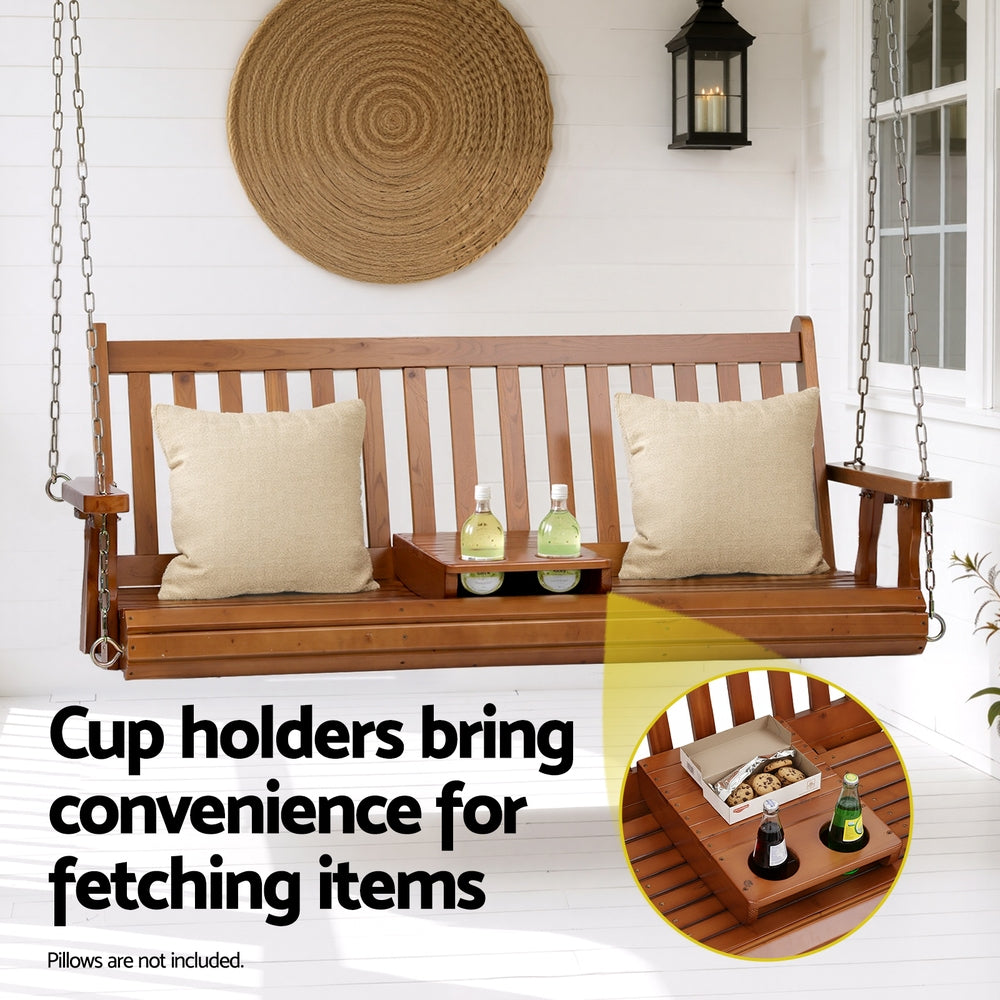 Gardeon Porch Outdoor Swing Chair Patio Furniture Wooden Bench 2 Seat Cup Holder ODS-W2S-CUP-TK