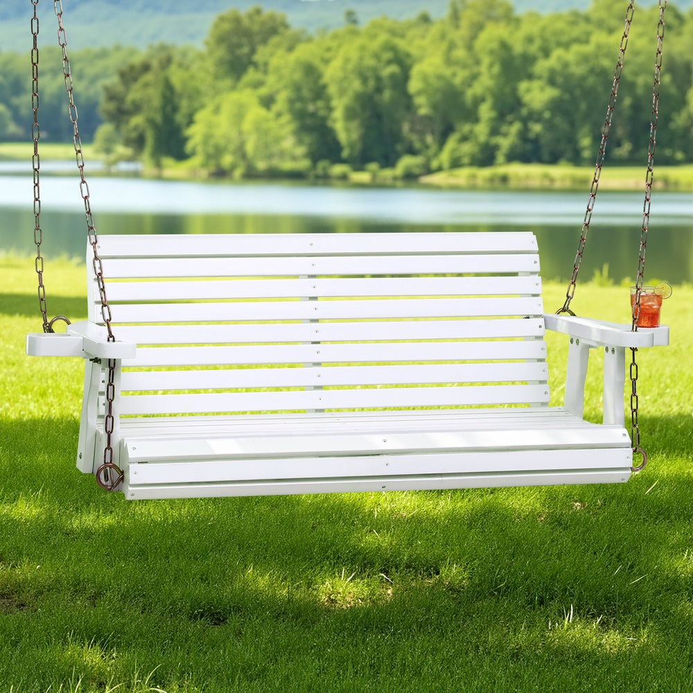 Gardeon Porch Outdoor Swing Chair With Cup Holder Wooden Furniture 2 Seater ODS-W2S-CUP-WH