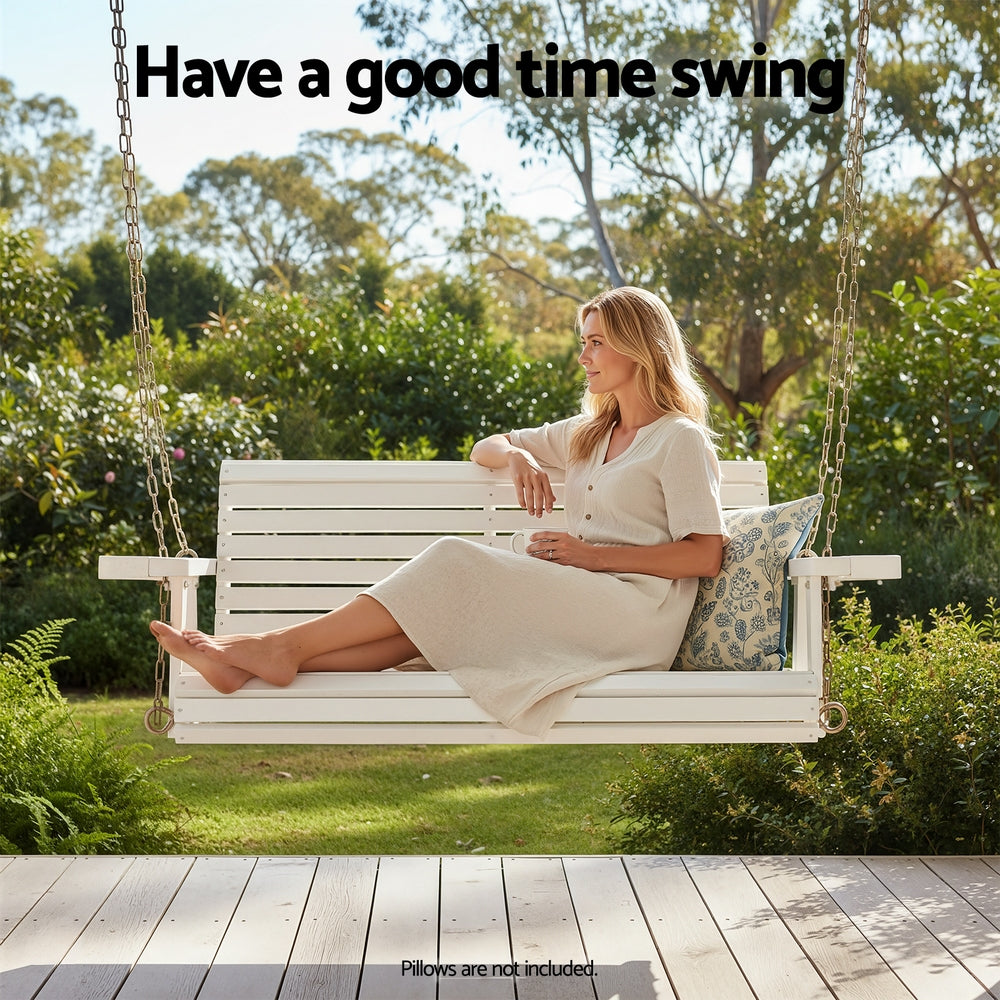 Gardeon Porch Outdoor Swing Chair With Cup Holder Wooden Furniture 2 Seater ODS-W2S-CUP-WH