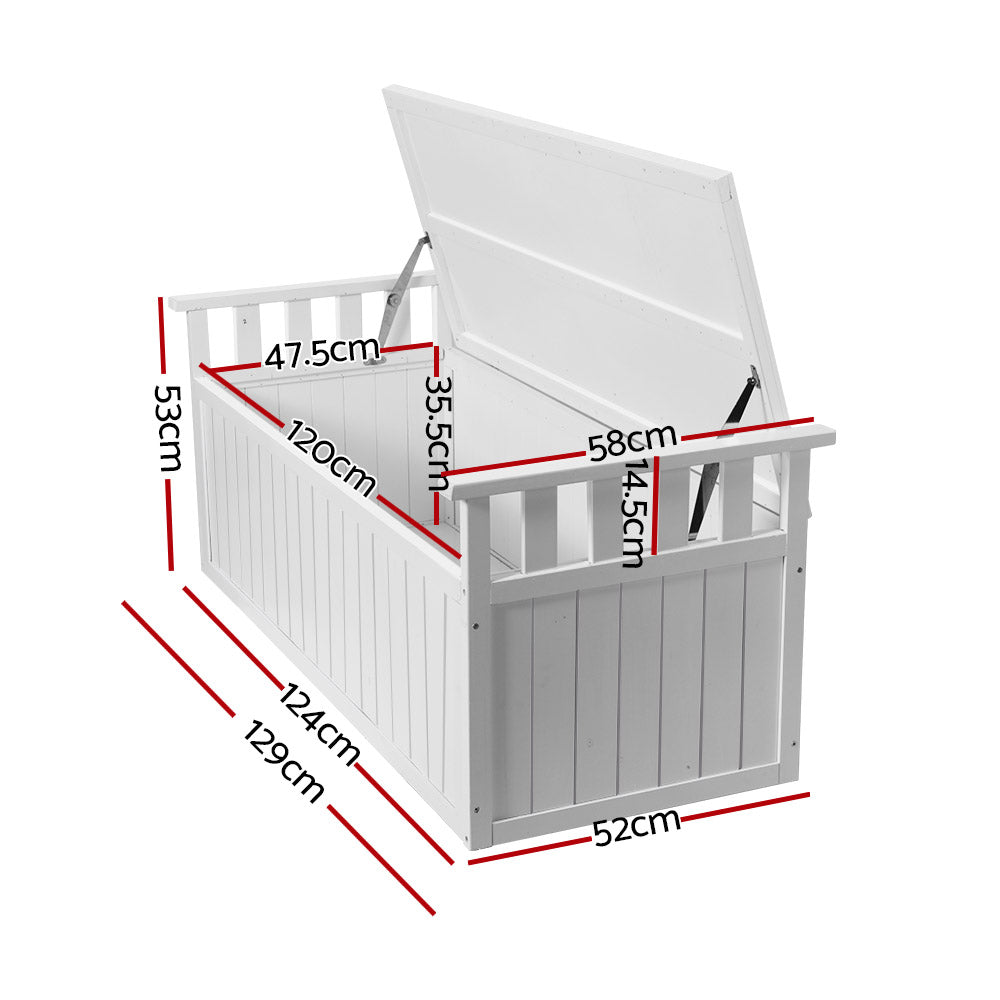 Gardeon Outdoor Storage Bench Box 129cm Wooden Garden Toy Chest Sheds Patio Furniture XL White ODSB-5358W-WH