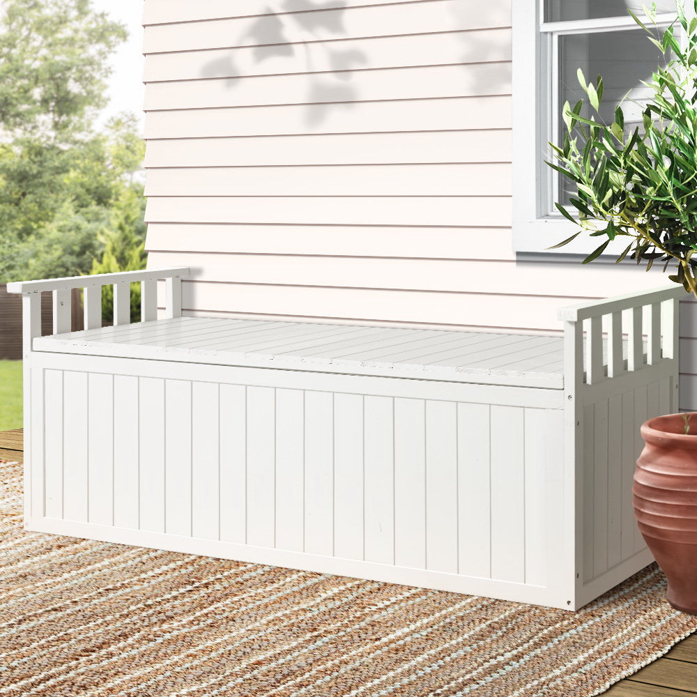 Gardeon Outdoor Storage Bench Box 129cm Wooden Garden Toy Chest Sheds Patio Furniture XL White ODSB-5358W-WH