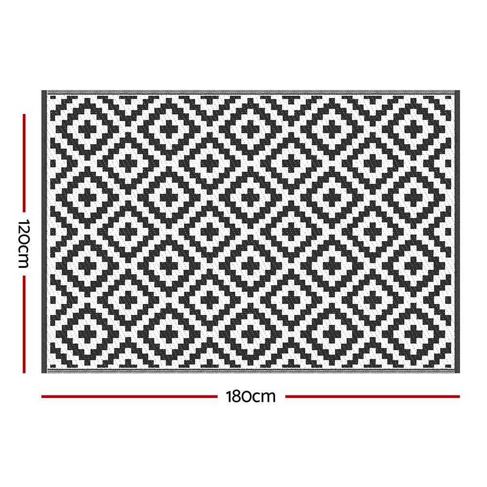 Gardeon Outdoor Rugs 120x180cm Large Carpet Reversible Area Mat PP Dual-Sided Patio Rug Cross OR-4X6FT-CROSS-BK
