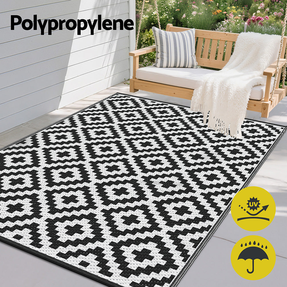 Gardeon Outdoor Rugs 120x180cm Large Carpet Reversible Area Mat PP Dual-Sided Patio Rug Cross OR-4X6FT-CROSS-BK