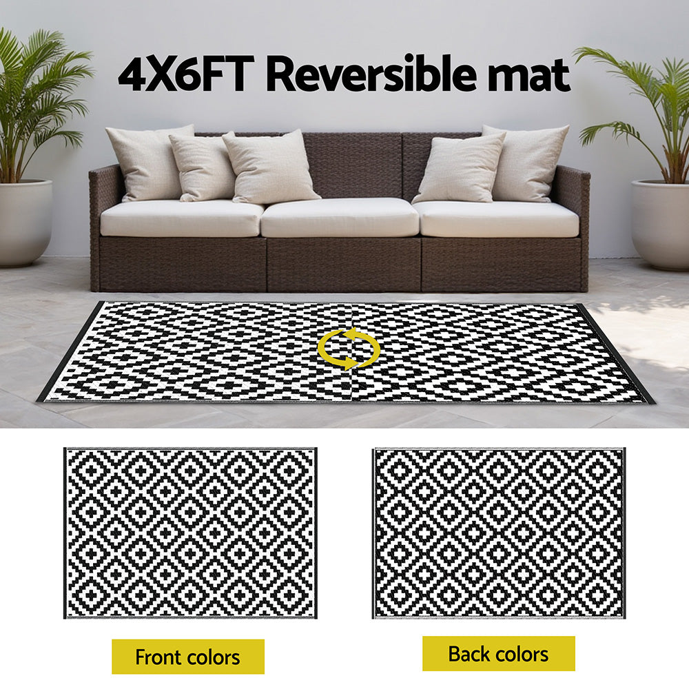 Gardeon Outdoor Rugs 120x180cm Large Carpet Reversible Area Mat PP Dual-Sided Patio Rug Cross OR-4X6FT-CROSS-BK