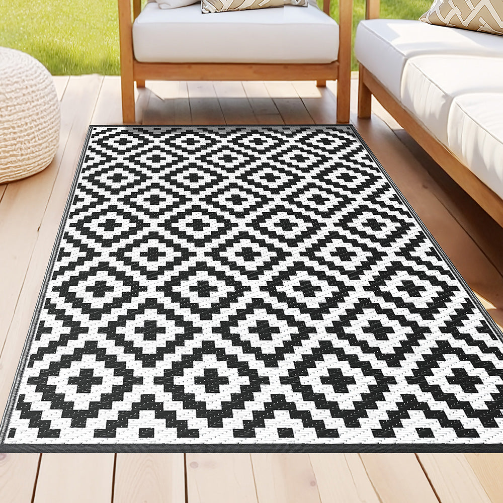 Gardeon Outdoor Rugs 120x180cm Large Carpet Reversible Area Mat PP Dual-Sided Patio Rug Cross OR-4X6FT-CROSS-BK