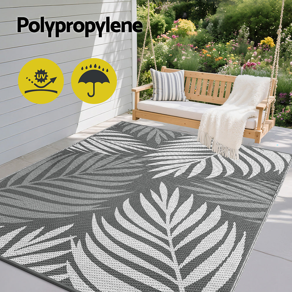 Gardeon Outdoor Rugs 152x244cm Large Carpet Reversible Area Mat PP Dual-Sided Patio Rug Leaf OR-5X8FT-LEAF-GY