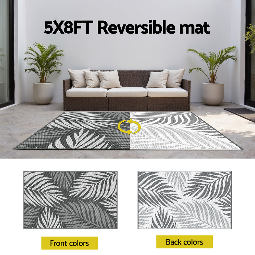 Gardeon Outdoor Rugs 152x244cm Large Carpet Reversible Area Mat PP Dual-Sided Patio Rug Leaf OR-5X8FT-LEAF-GY