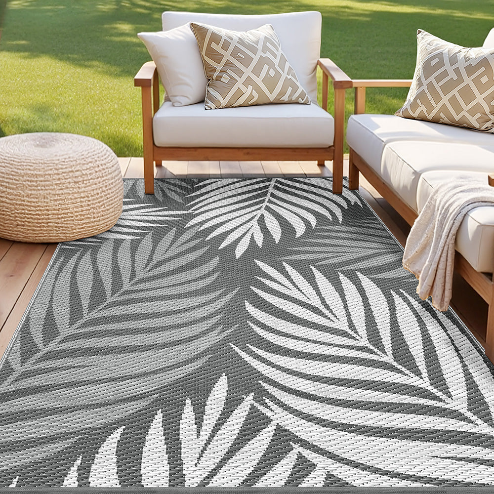 Gardeon Outdoor Rugs 152x244cm Large Carpet Reversible Area Mat PP Dual-Sided Patio Rug Leaf OR-5X8FT-LEAF-GY