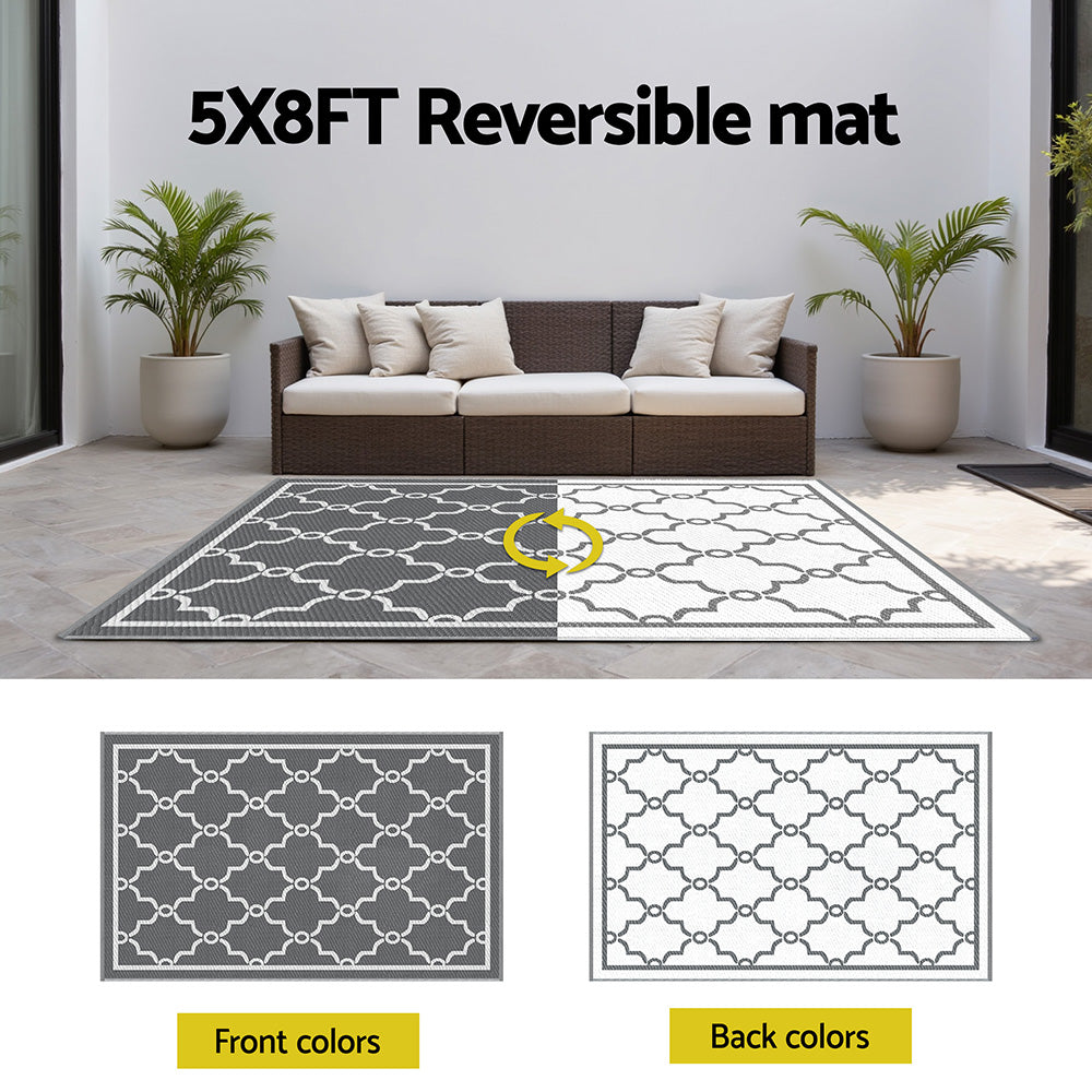 Gardeon Outdoor Rugs 152x244cm Large Carpet Reversible Area Mat PP Dual-Sided Patio Rug Maroc OR-5X8FT-MAROC-GY
