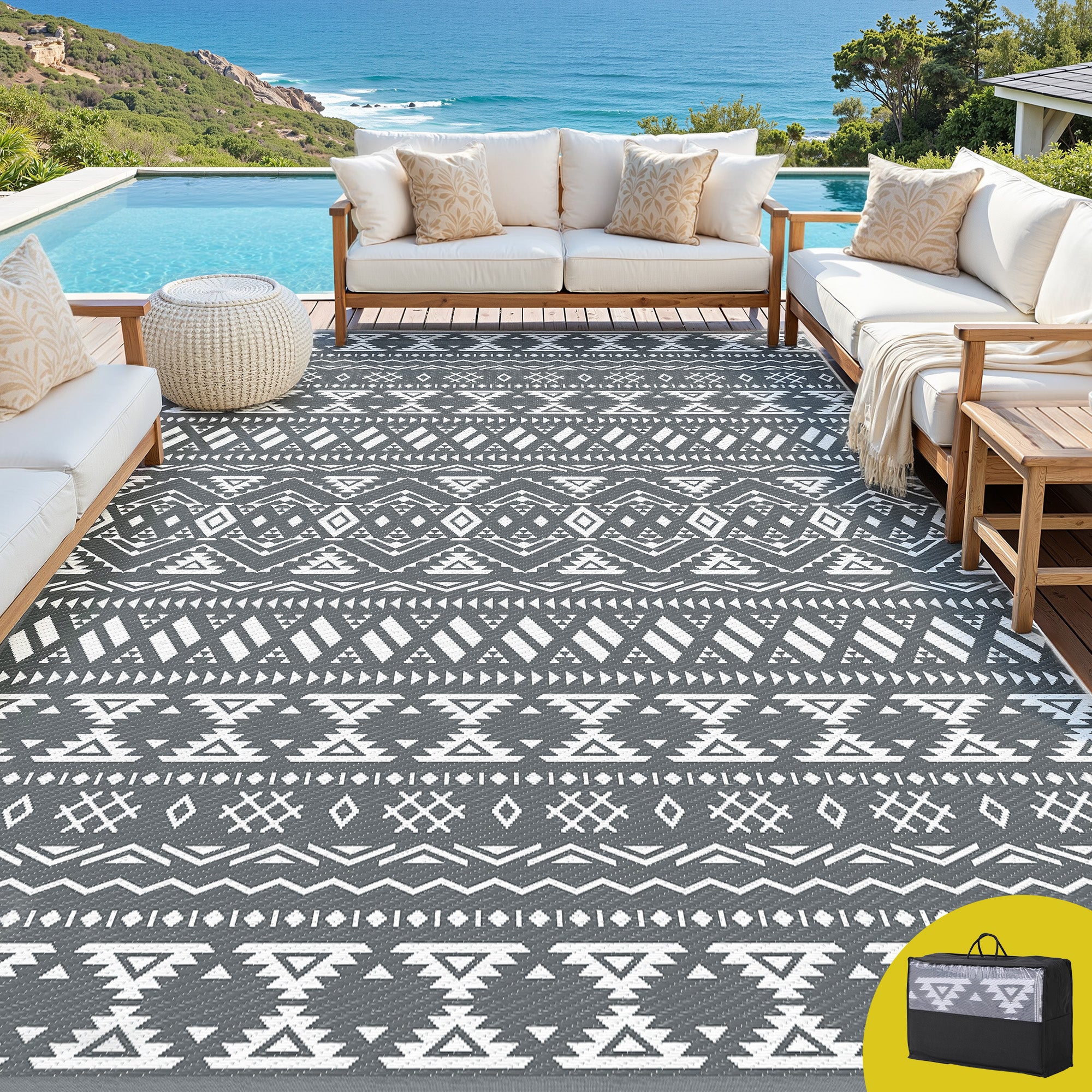 Gardeon Outdoor Rugs 274x366cm Large Carpet Reversible Area Mat PP Dual-Sided Patio Rug Bohemian OR-9X12FT-ARGYLE-GY