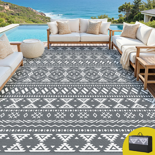 Gardeon Outdoor Rugs 274x366cm Large Carpet Reversible Area Mat PP Dual-Sided Patio Rug Bohemian OR-9X12FT-ARGYLE-GY