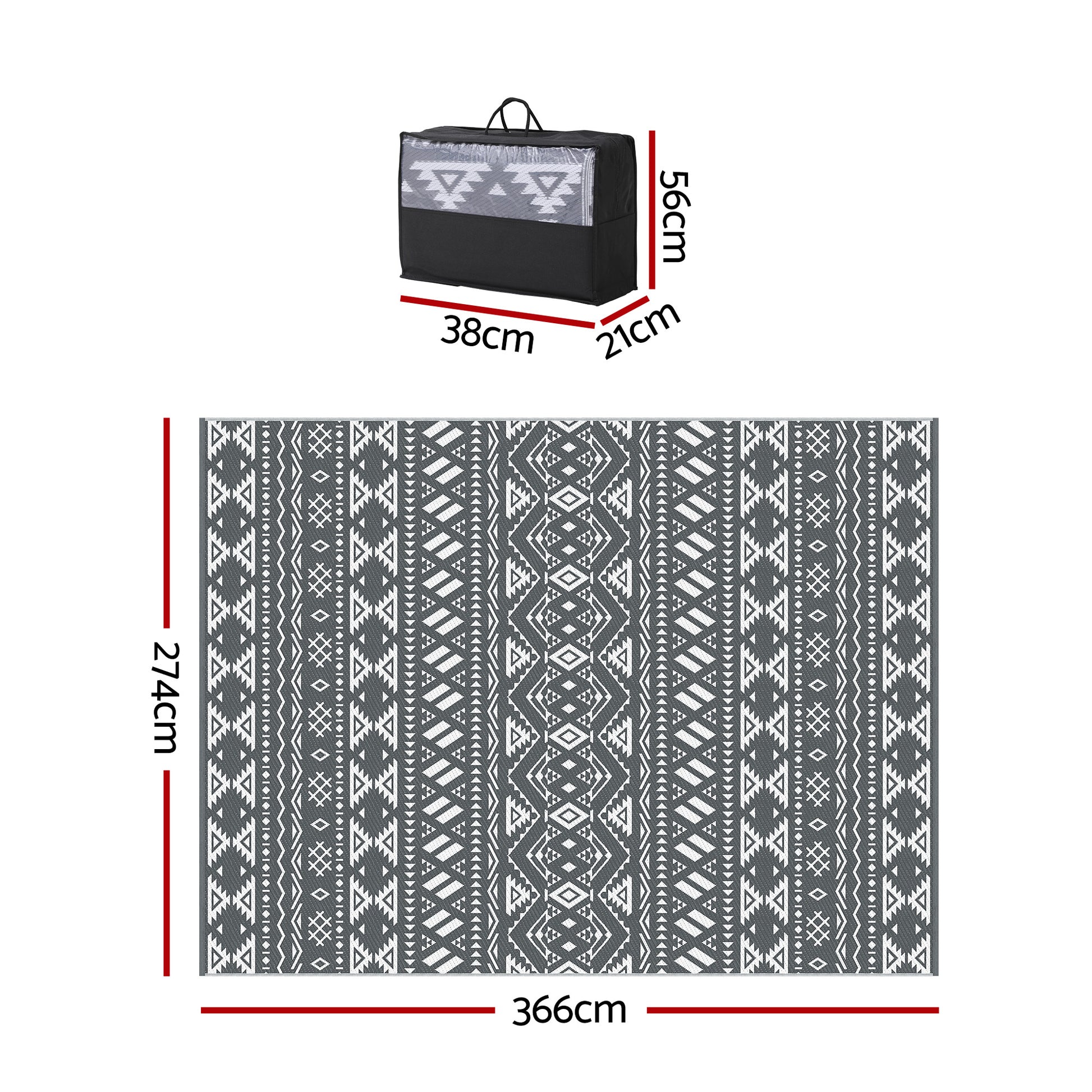 Gardeon Outdoor Rugs 274x366cm Large Carpet Reversible Area Mat PP Dual-Sided Patio Rug Bohemian OR-9X12FT-ARGYLE-GY