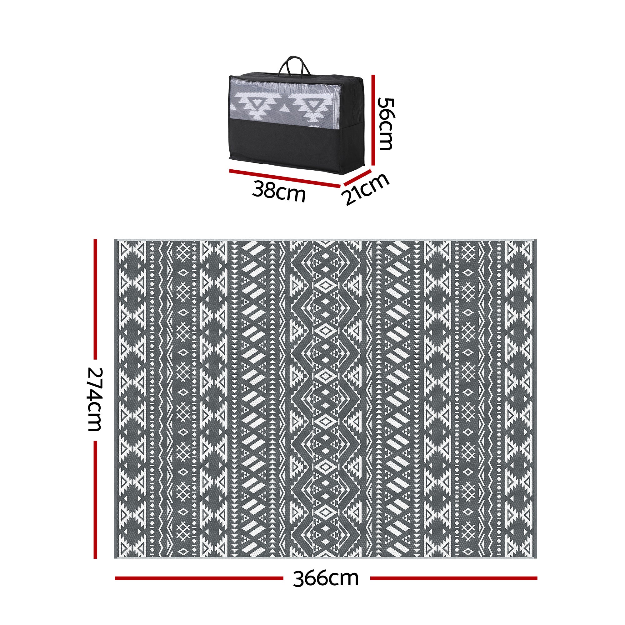 Gardeon Outdoor Rugs 274x366cm Large Carpet Reversible Area Mat PP Dual-Sided Patio Rug Bohemian OR-9X12FT-ARGYLE-GY