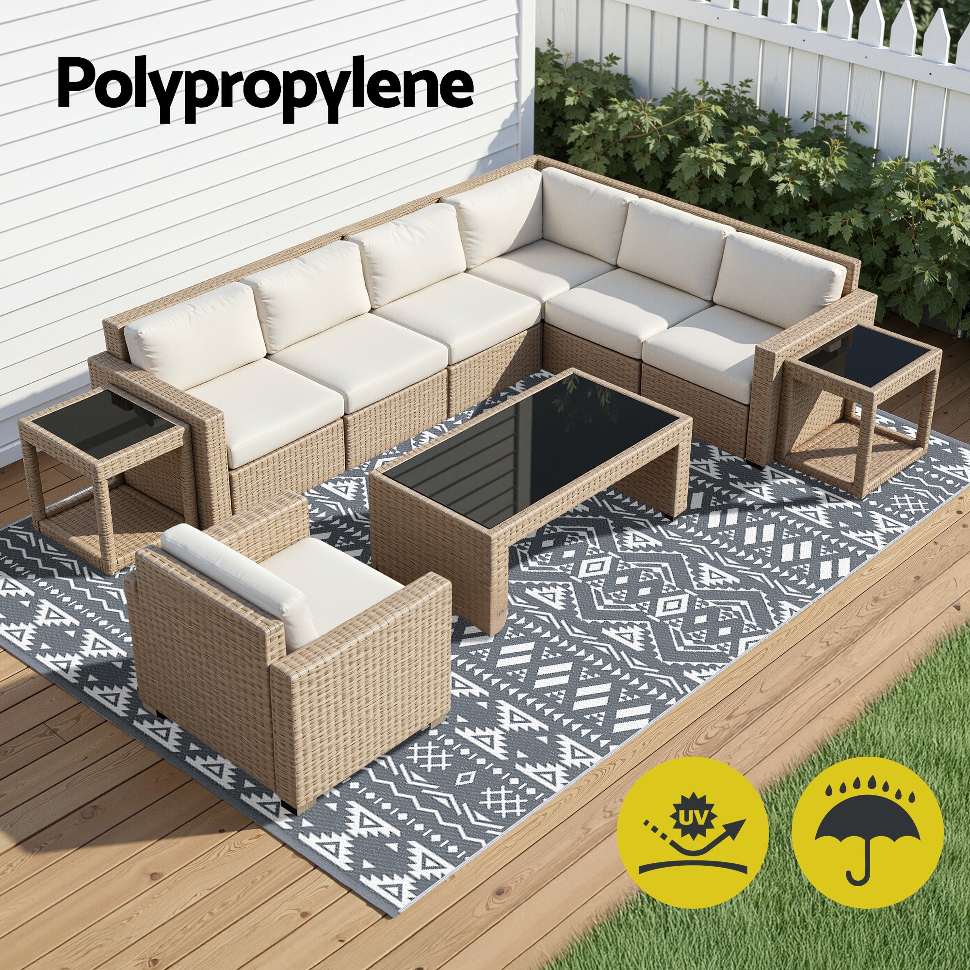 Gardeon Outdoor Rugs 274x366cm Large Carpet Reversible Area Mat PP Dual-Sided Patio Rug Bohemian OR-9X12FT-ARGYLE-GY