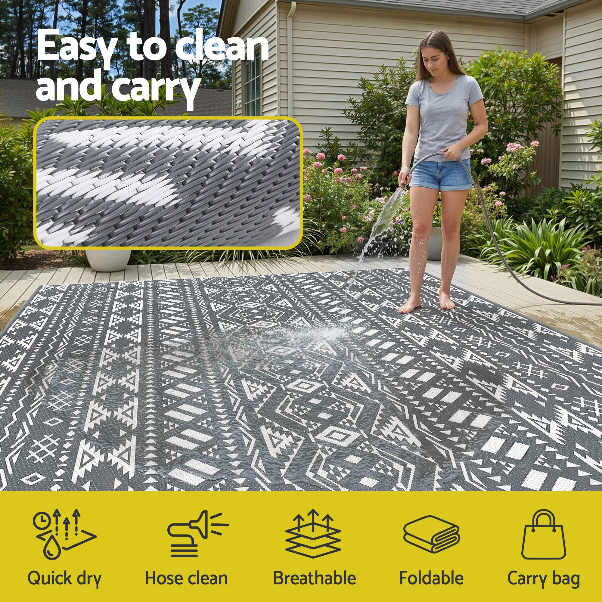 Gardeon Outdoor Rugs 274x366cm Large Carpet Reversible Area Mat PP Dual-Sided Patio Rug Bohemian OR-9X12FT-ARGYLE-GY