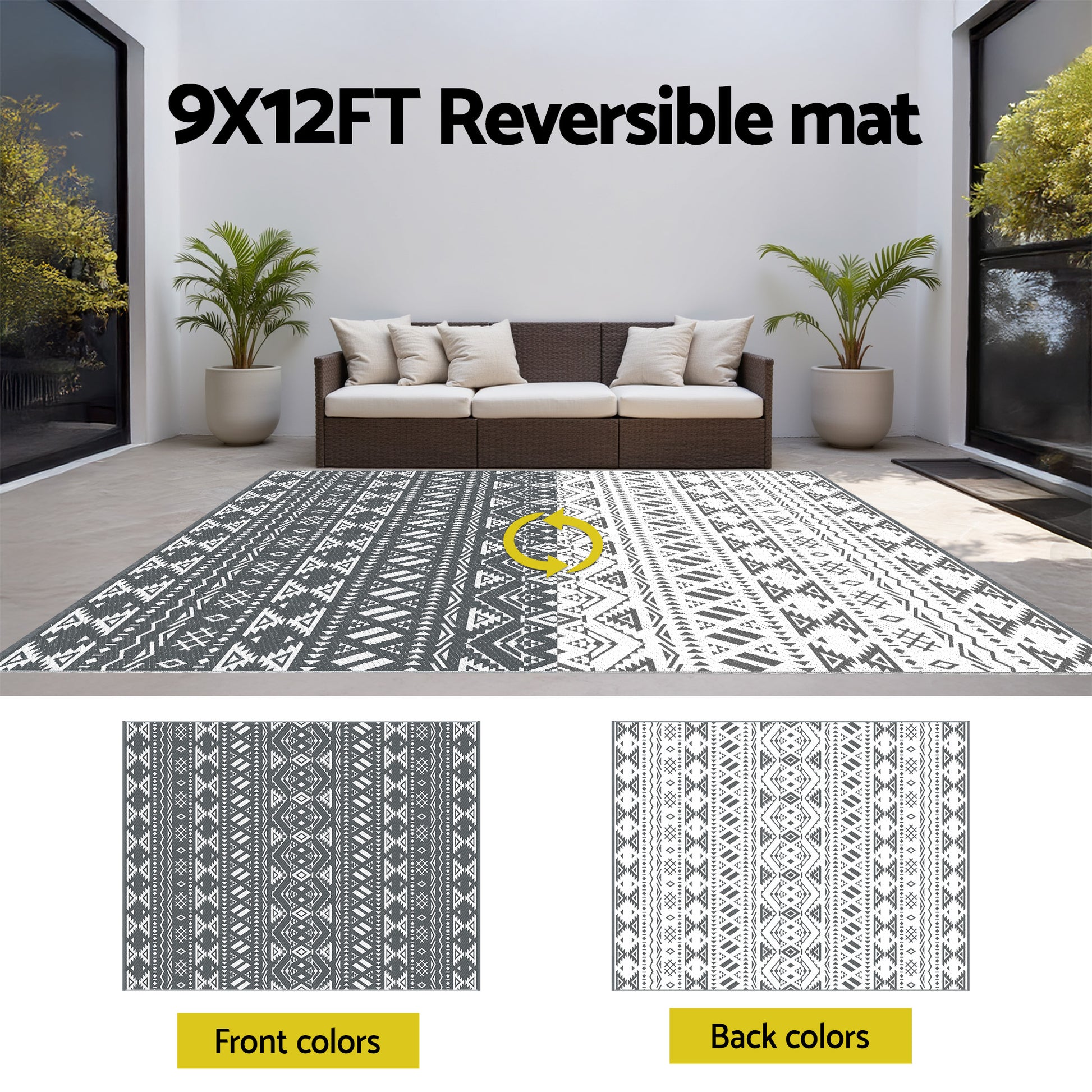 Gardeon Outdoor Rugs 274x366cm Large Carpet Reversible Area Mat PP Dual-Sided Patio Rug Bohemian OR-9X12FT-ARGYLE-GY