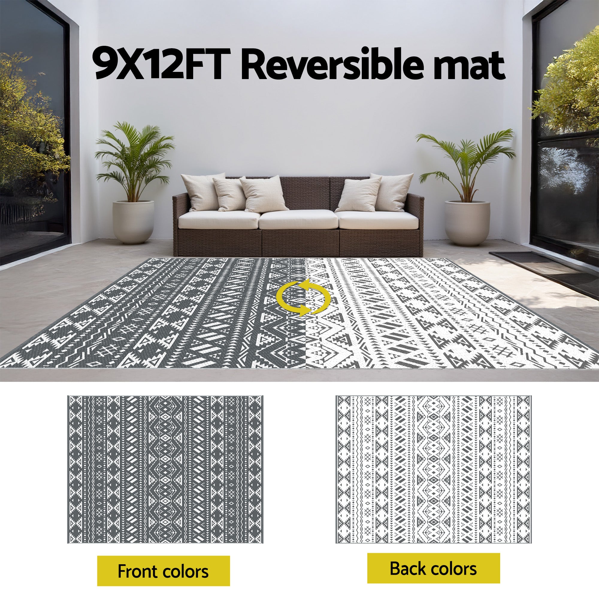 Gardeon Outdoor Rugs 274x366cm Large Carpet Reversible Area Mat PP Dual-Sided Patio Rug Bohemian OR-9X12FT-ARGYLE-GY