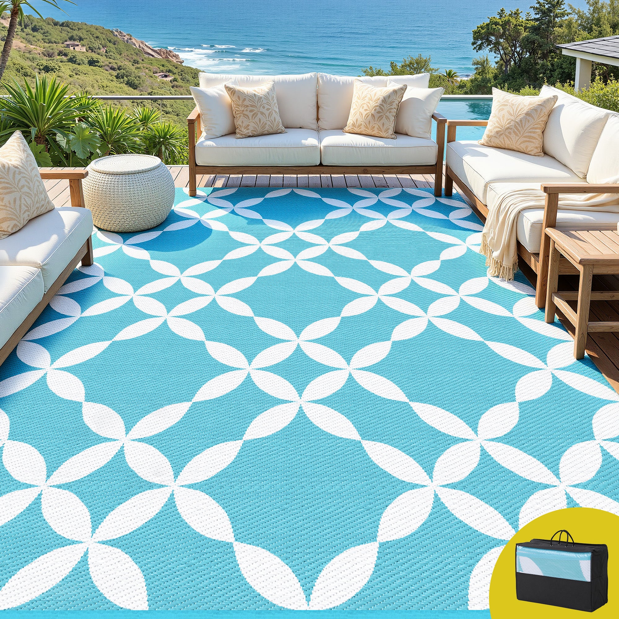 Gardeon Outdoor Rugs 274x366cm Large Carpet Reversible Area Mat PP Dual-Sided Patio Rug Light Blue OR-9X12FT-FLORAL-GN