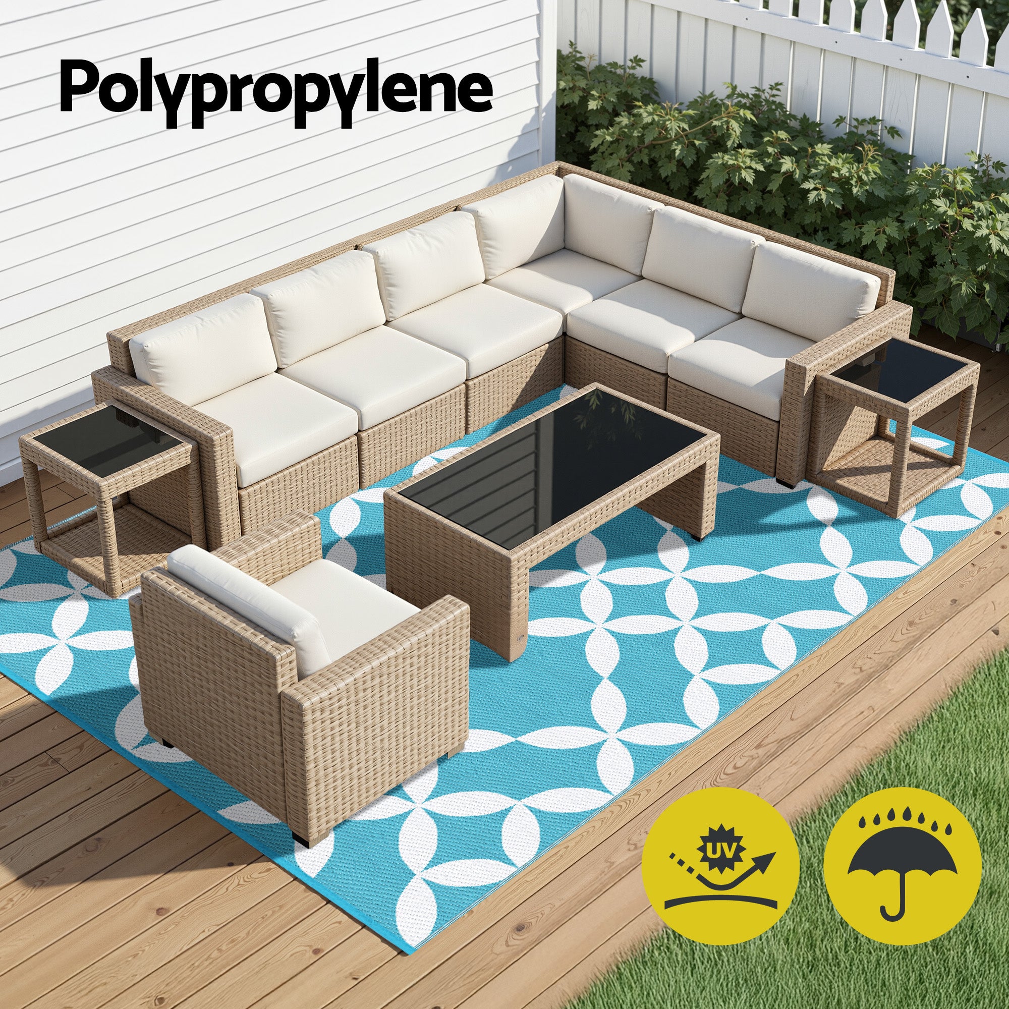 Gardeon Outdoor Rugs 274x366cm Large Carpet Reversible Area Mat PP Dual-Sided Patio Rug Light Blue OR-9X12FT-FLORAL-GN