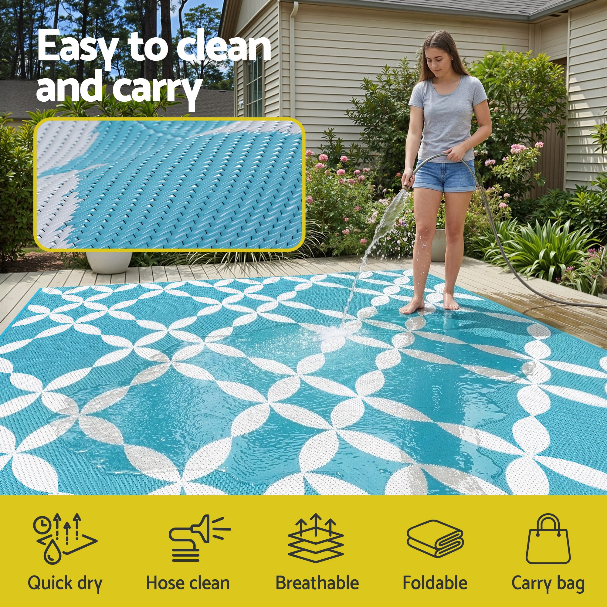 Gardeon Outdoor Rugs 274x366cm Large Carpet Reversible Area Mat PP Dual-Sided Patio Rug Light Blue OR-9X12FT-FLORAL-GN