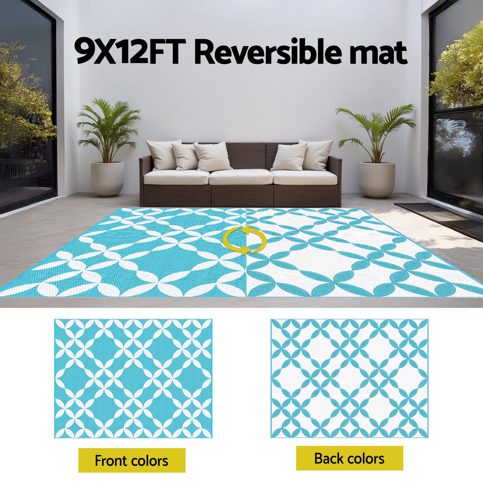 Gardeon Outdoor Rugs 274x366cm Large Carpet Reversible Area Mat PP Dual-Sided Patio Rug Light Blue OR-9X12FT-FLORAL-GN