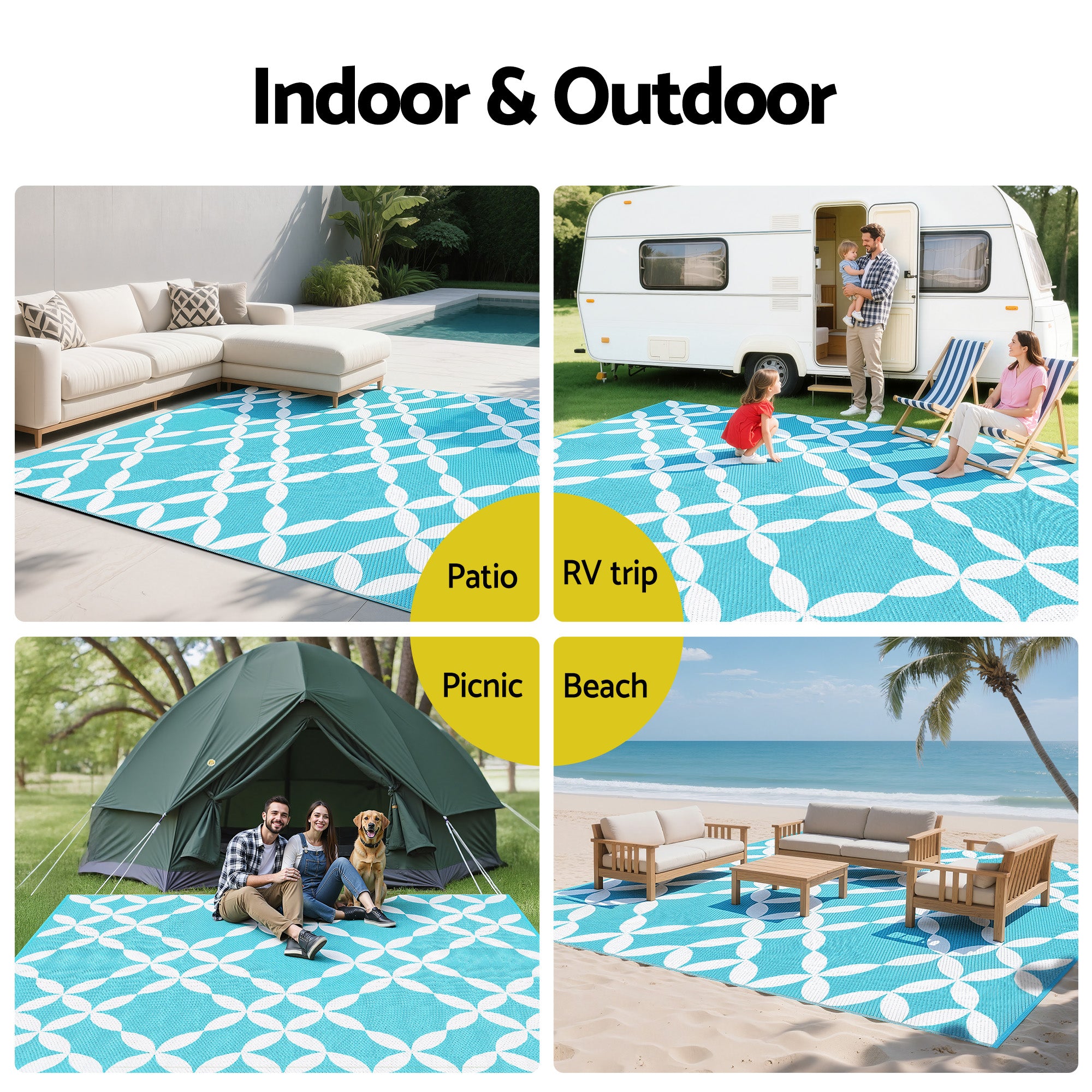 Gardeon Outdoor Rugs 274x366cm Large Carpet Reversible Area Mat PP Dual-Sided Patio Rug Light Blue OR-9X12FT-FLORAL-GN