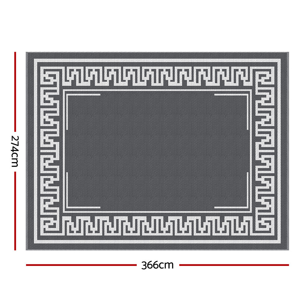 Gardeon Outdoor Rugs 274x366cm Large Carpet Reversible Area Mat PP Dual-Sided Patio Rug Greek Key OR-9X12FT-FRAME-GY