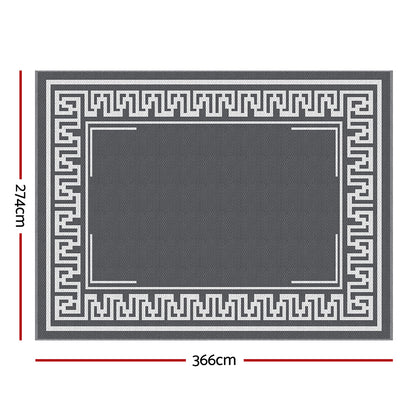 Gardeon Outdoor Rugs 274x366cm Large Carpet Reversible Area Mat PP Dual-Sided Patio Rug Greek Key OR-9X12FT-FRAME-GY