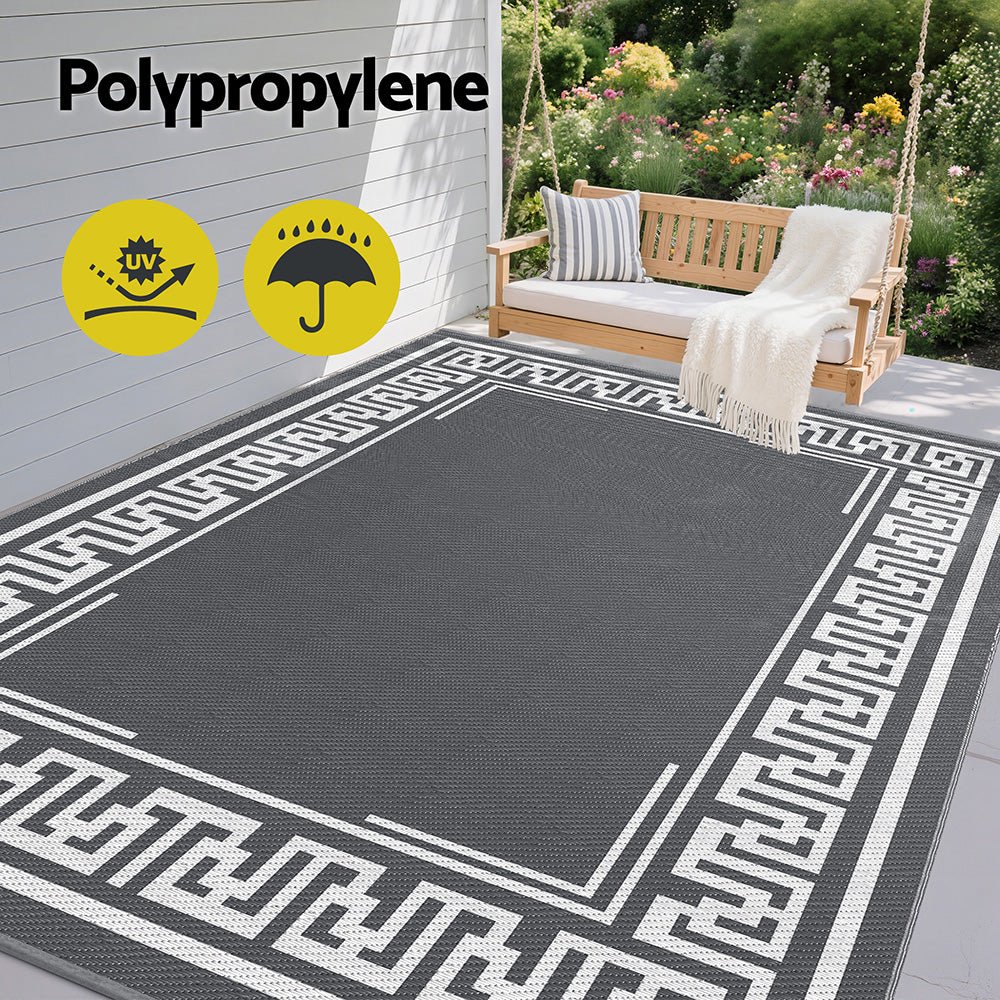 Gardeon Outdoor Rugs 274x366cm Large Carpet Reversible Area Mat PP Dual-Sided Patio Rug Greek Key OR-9X12FT-FRAME-GY