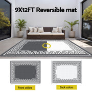 Gardeon Outdoor Rugs 274x366cm Large Carpet Reversible Area Mat PP Dual-Sided Patio Rug Greek Key OR-9X12FT-FRAME-GY