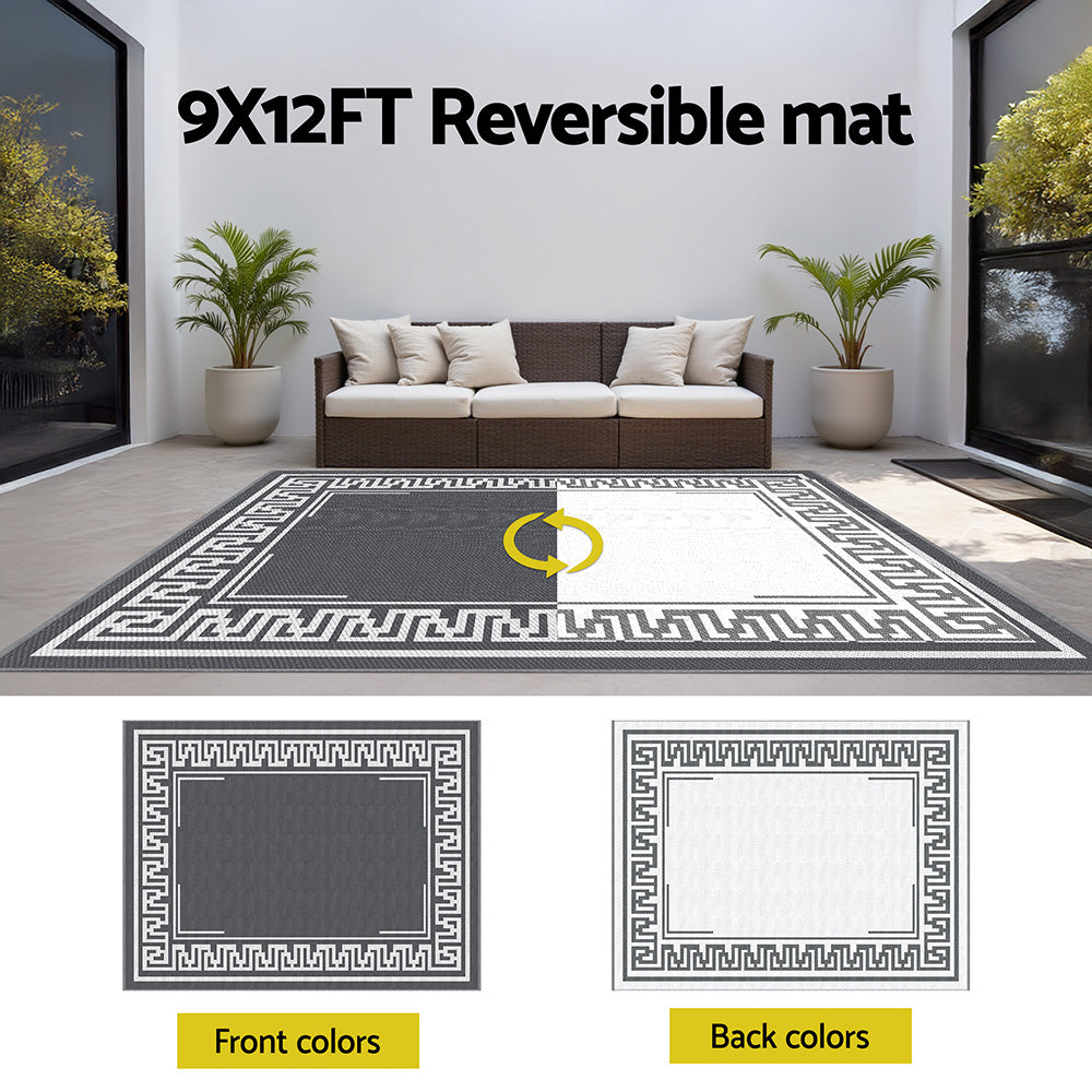 Gardeon Outdoor Rugs 274x366cm Large Carpet Reversible Area Mat PP Dual-Sided Patio Rug Greek Key OR-9X12FT-FRAME-GY