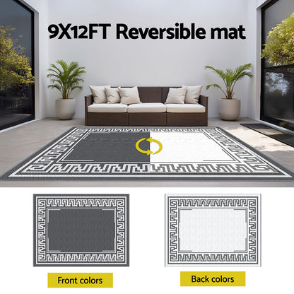 Gardeon Outdoor Rugs 274x366cm Large Carpet Reversible Area Mat PP Dual-Sided Patio Rug Greek Key OR-9X12FT-FRAME-GY