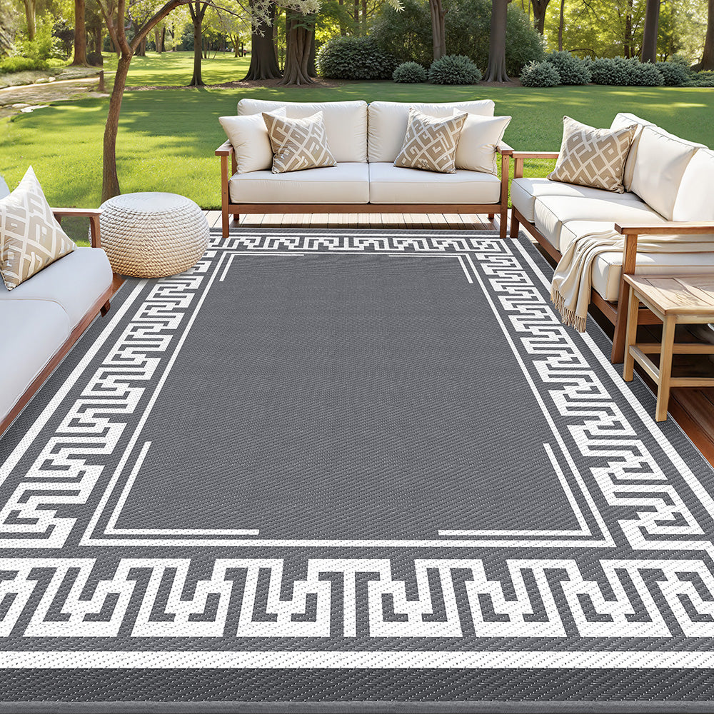 Gardeon Outdoor Rugs 274x366cm Large Carpet Reversible Area Mat PP Dual-Sided Patio Rug Greek Key OR-9X12FT-FRAME-GY