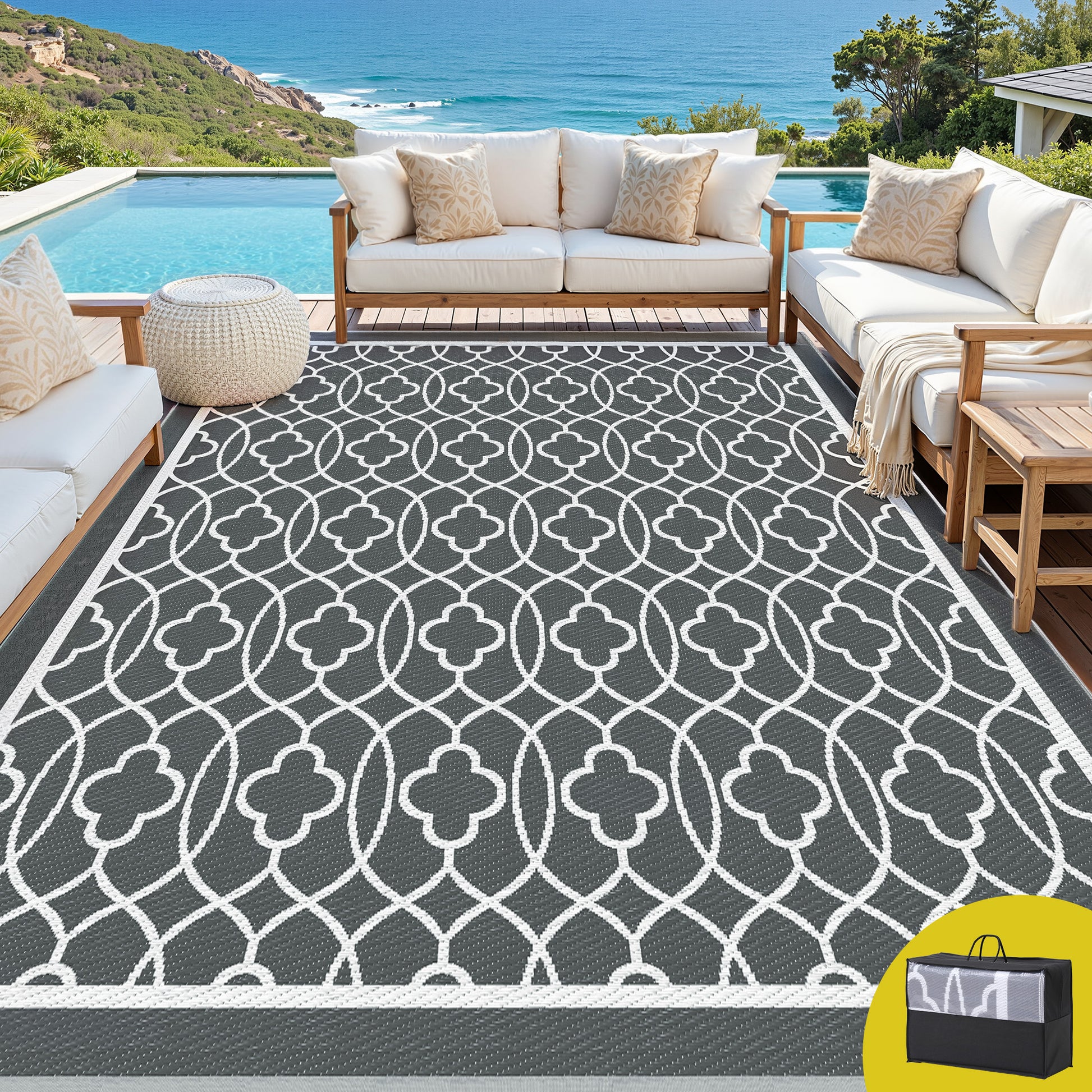 Gardeon Outdoor Rugs 274x366cm Large Carpet Reversible Area Mat PP Dual-Sided Patio Rug OR-9X12FT-OGEE-GY