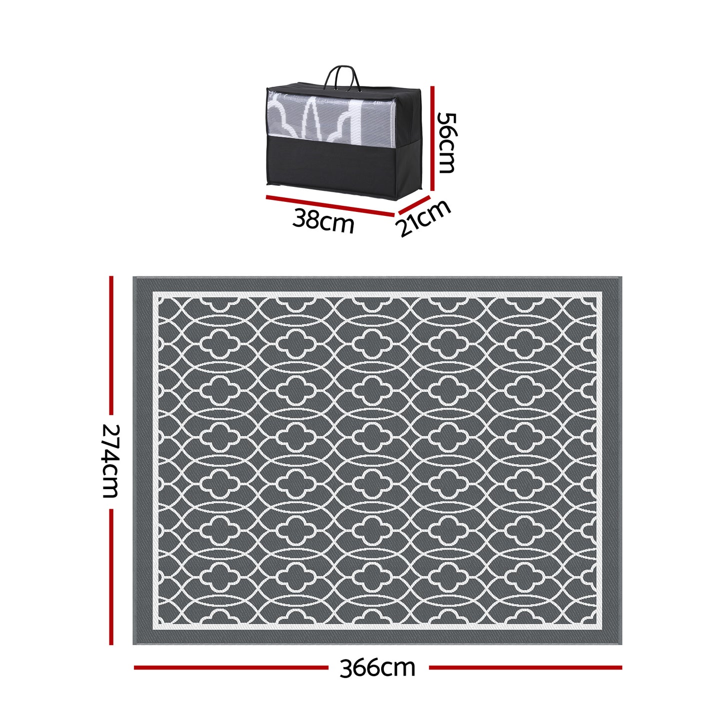 Gardeon Outdoor Rugs 274x366cm Large Carpet Reversible Area Mat PP Dual-Sided Patio Rug OR-9X12FT-OGEE-GY