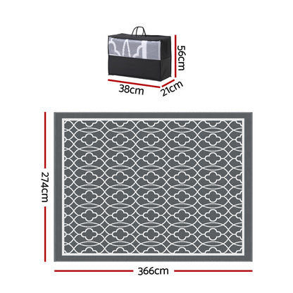 Gardeon Outdoor Rugs 274x366cm Large Carpet Reversible Area Mat PP Dual-Sided Patio Rug OR-9X12FT-OGEE-GY