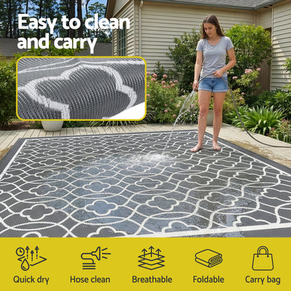 Gardeon Outdoor Rugs 274x366cm Large Carpet Reversible Area Mat PP Dual-Sided Patio Rug OR-9X12FT-OGEE-GY