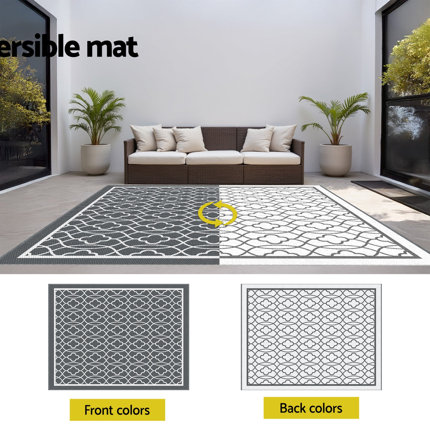 Gardeon Outdoor Rugs 274x366cm Large Carpet Reversible Area Mat PP Dual-Sided Patio Rug OR-9X12FT-OGEE-GY