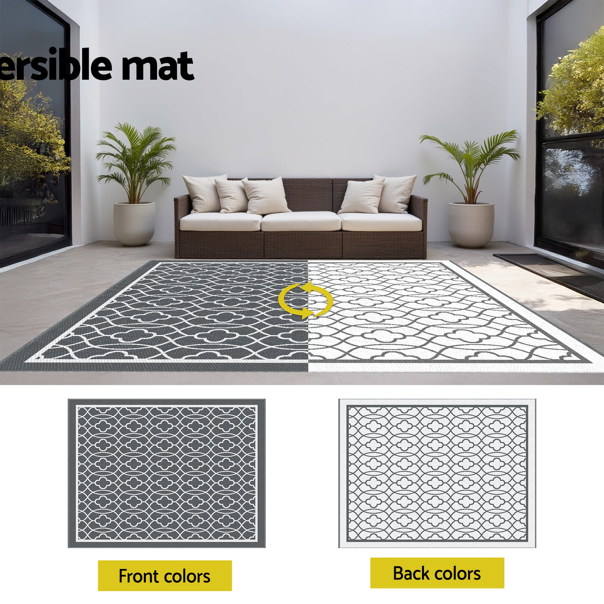 Gardeon Outdoor Rugs 274x366cm Large Carpet Reversible Area Mat PP Dual-Sided Patio Rug OR-9X12FT-OGEE-GY
