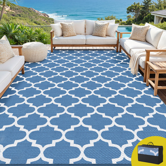 Gardeon Outdoor Rugs 274x366cm Large Carpet Reversible Area Mat PP Dual-Sided Patio Rug Blue OR-9X12FT-WAVE-BU